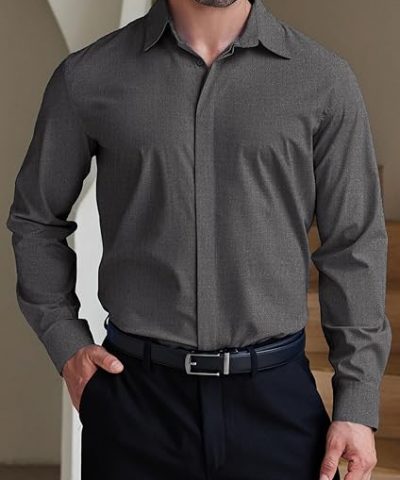 Men’s Formal Dress Shirt Hidden Button Front Wrinkle Free Shirt Regular Fit Stretch Business Casual Shirts